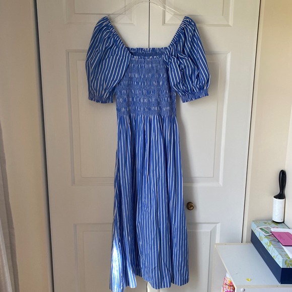 Madewell Smocked Puff Sleeve Midi Dress Womens XS Blue Striped Poplin Coastal - Picture 8 of 8